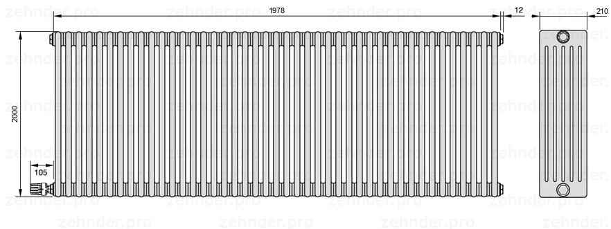 Схема (чертеж) Радиатор Zehnder Charleston 6200/43 №V003 Белый глянцевый RAL 9016